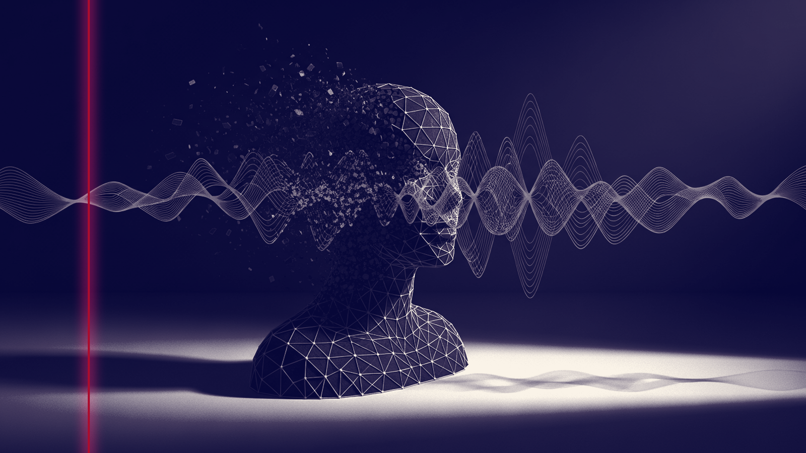 Composition graphique abstraite en tons charbon et accents ocre, visage stylisé se dissolvant en grille de points et ondes émotionnelles, évoquant la lecture des émotions par l'intelligence artificielle