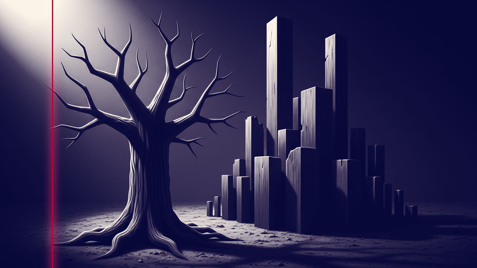 Composition graphique abstraite en tons charbon et accent rouge profond, arbre généalogique stylisé se transformant en colonnes de patrimoine inégales, évoquant l'héritage comme angle mort de l'égalité des chances