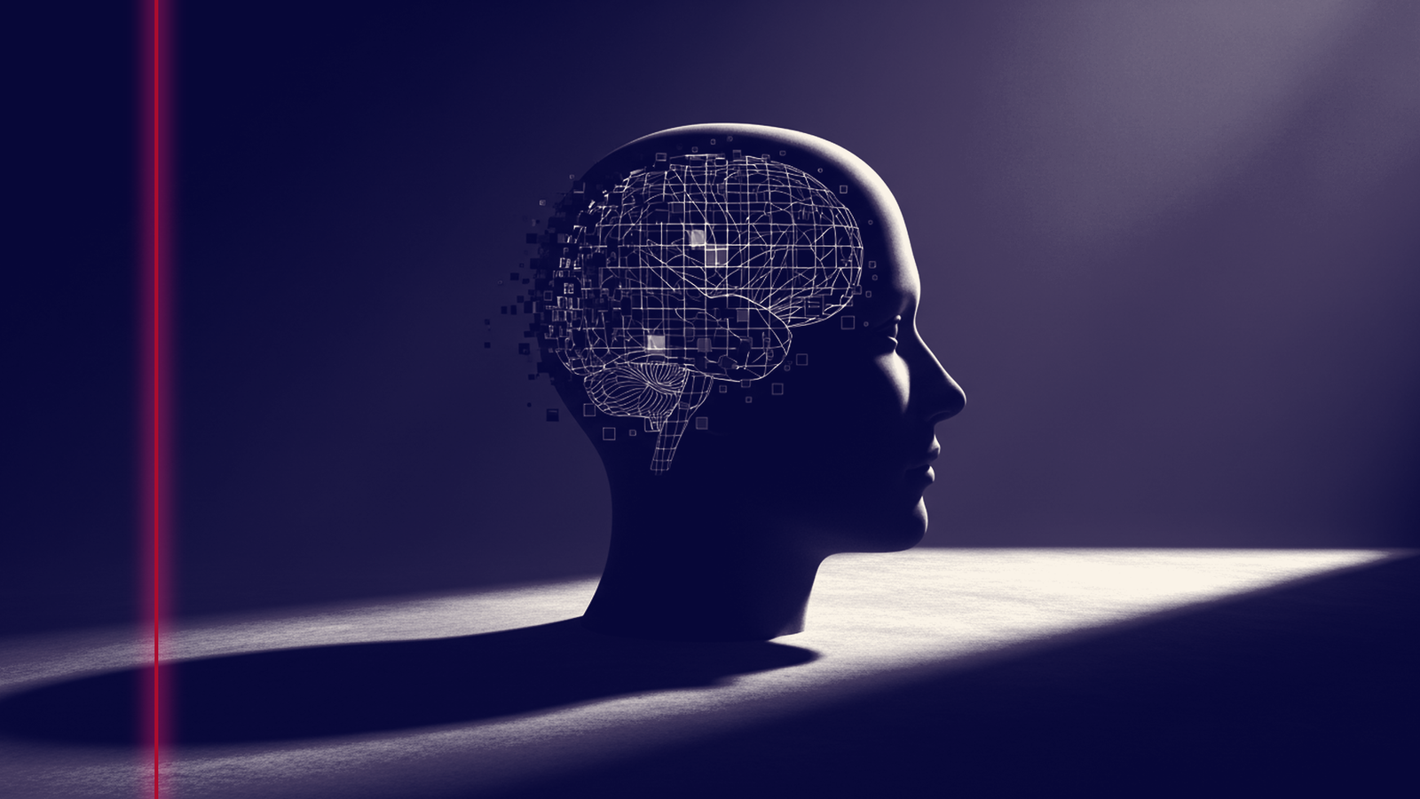 Composition graphique abstraite en tons charbon et rouge profond, silhouette de tête humaine dont les circonvolutions se délitent en une grille algorithmique régulière, évoquant la dette cognitive et la pensée déléguée à l'intelligence artificielle