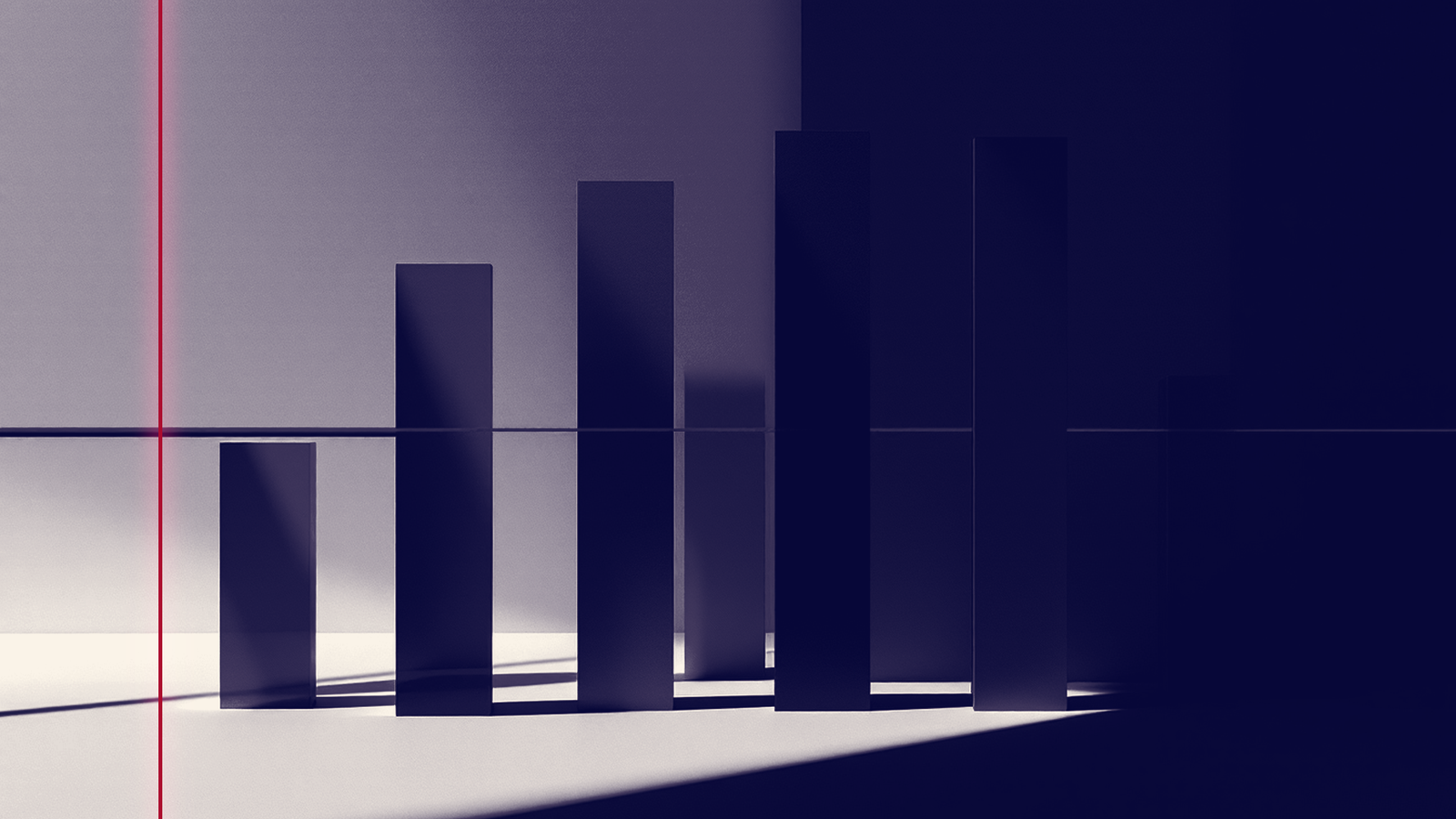 Composition géométrique sobre : dix colonnes verticales dont trois claires et sept sombres, une ligne rouge de seuil qui les traverse, métaphore du quota de 30 % de femmes dirigeantes imposé par la loi Rixain et de la parité arithmétique sans partage du pouvoir