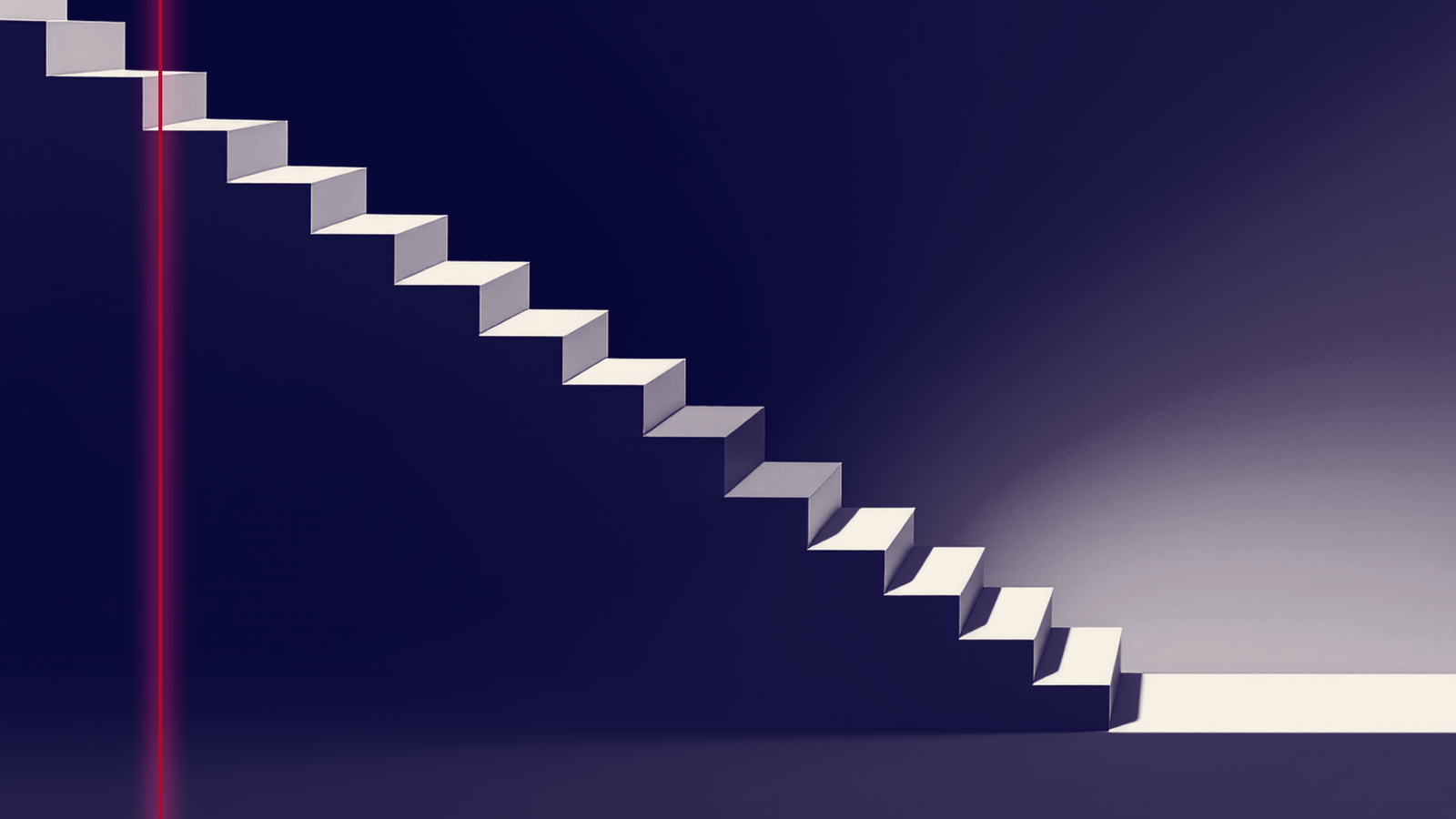 Composition éditoriale abstraite duotone bleu nuit et crème, escalier de barres ascendantes dont la première marche manque, remplacée par un trait rouge, métaphore de l'accès au premier emploi coupé par l'intelligence artificielle