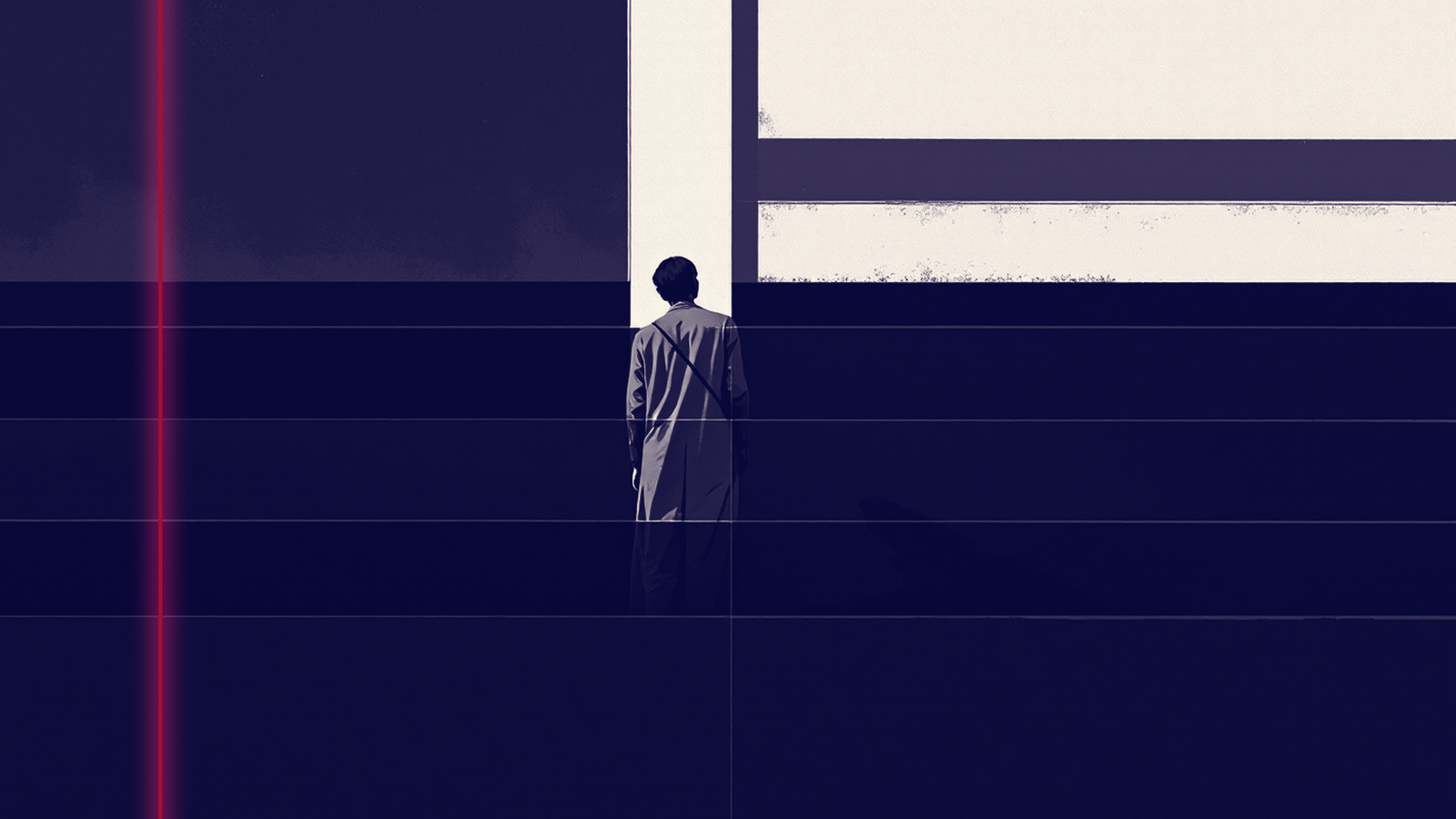 Composition éditoriale abstraite duotone bleu nuit et crème, barres horizontales de longueurs très inégales interrompues par un trait rouge vertical, métaphore graphique des treize années d'espérance de vie qui séparent les plus modestes des plus aisés