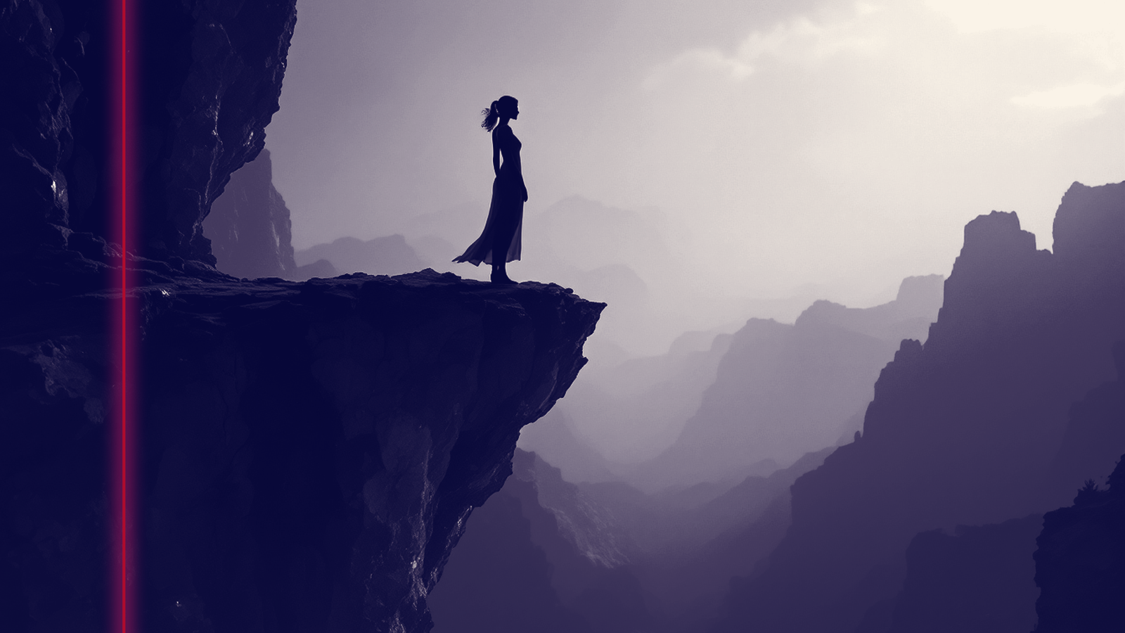 Silhouette féminine de dos sur un promontoire de verre fissuré dominant un précipice, contre-jour bleu acier et accent ambré, métaphore visuelle du glass cliff dans le leadership féminin