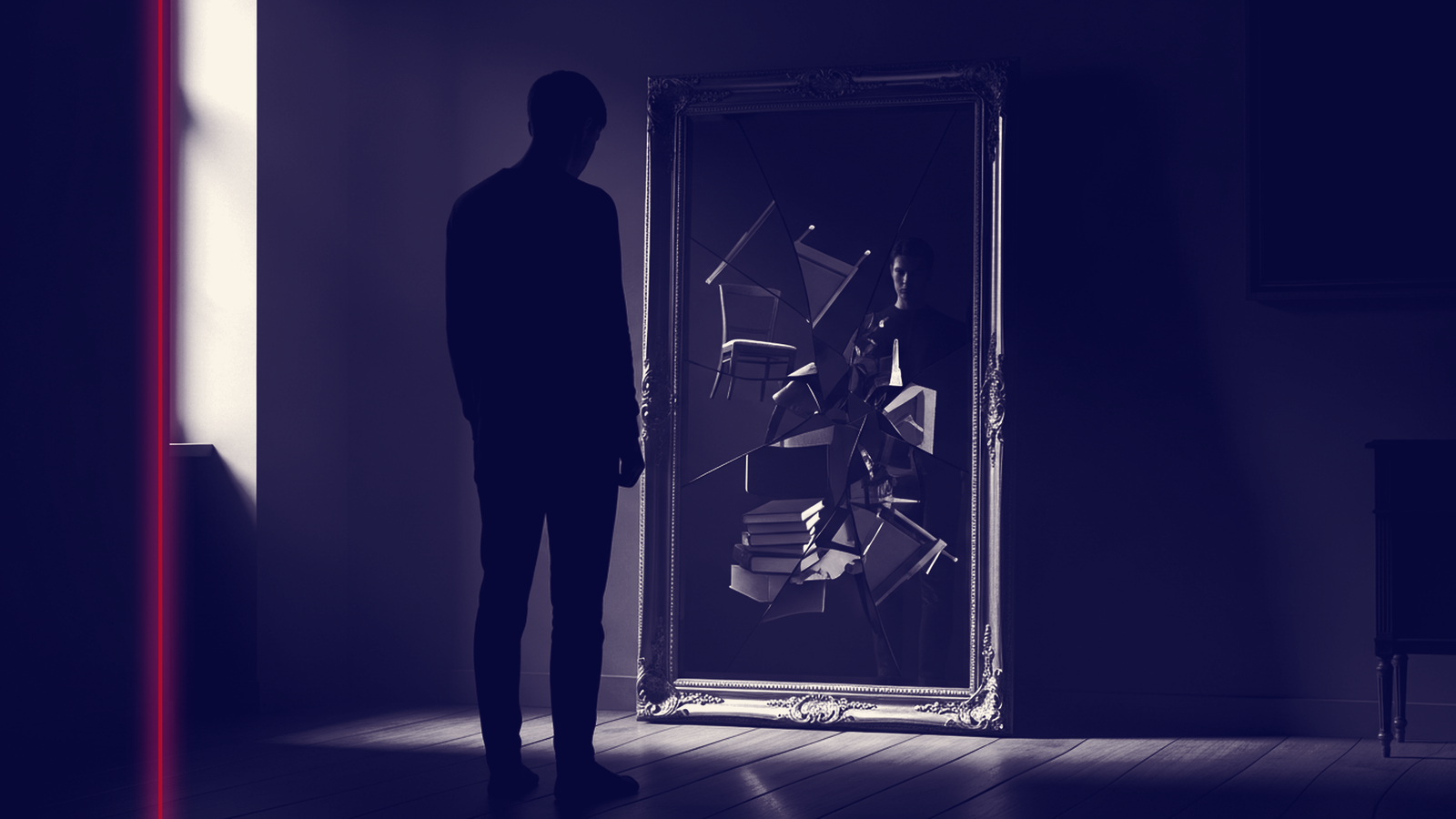 Silhouette féminine face à un miroir dont le reflet apparaît décalé, clair-obscur bleu profond et ambre cuivré, métaphore du syndrome de l'imposteur et du doute de légitimité dans les environnements professionnels