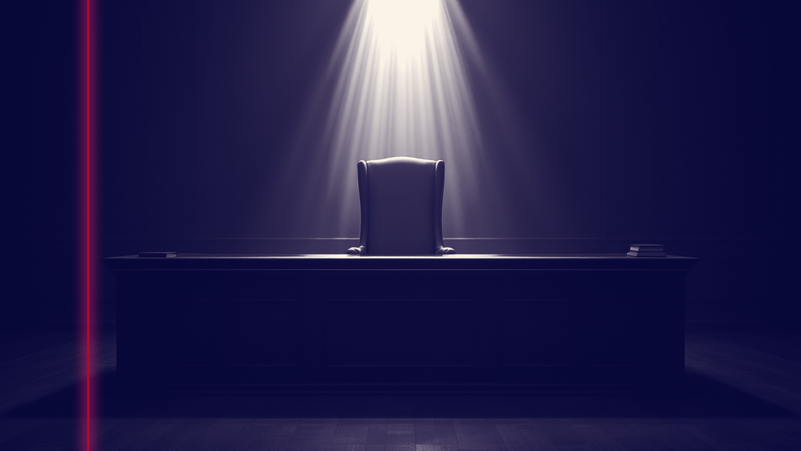 Fauteuil de juge vide derrière un long pupitre en bois dans une salle d'audience sobre et sombre, éclairé par un unique faisceau de lumière venu d'en haut, métaphore de la place que l'on prend