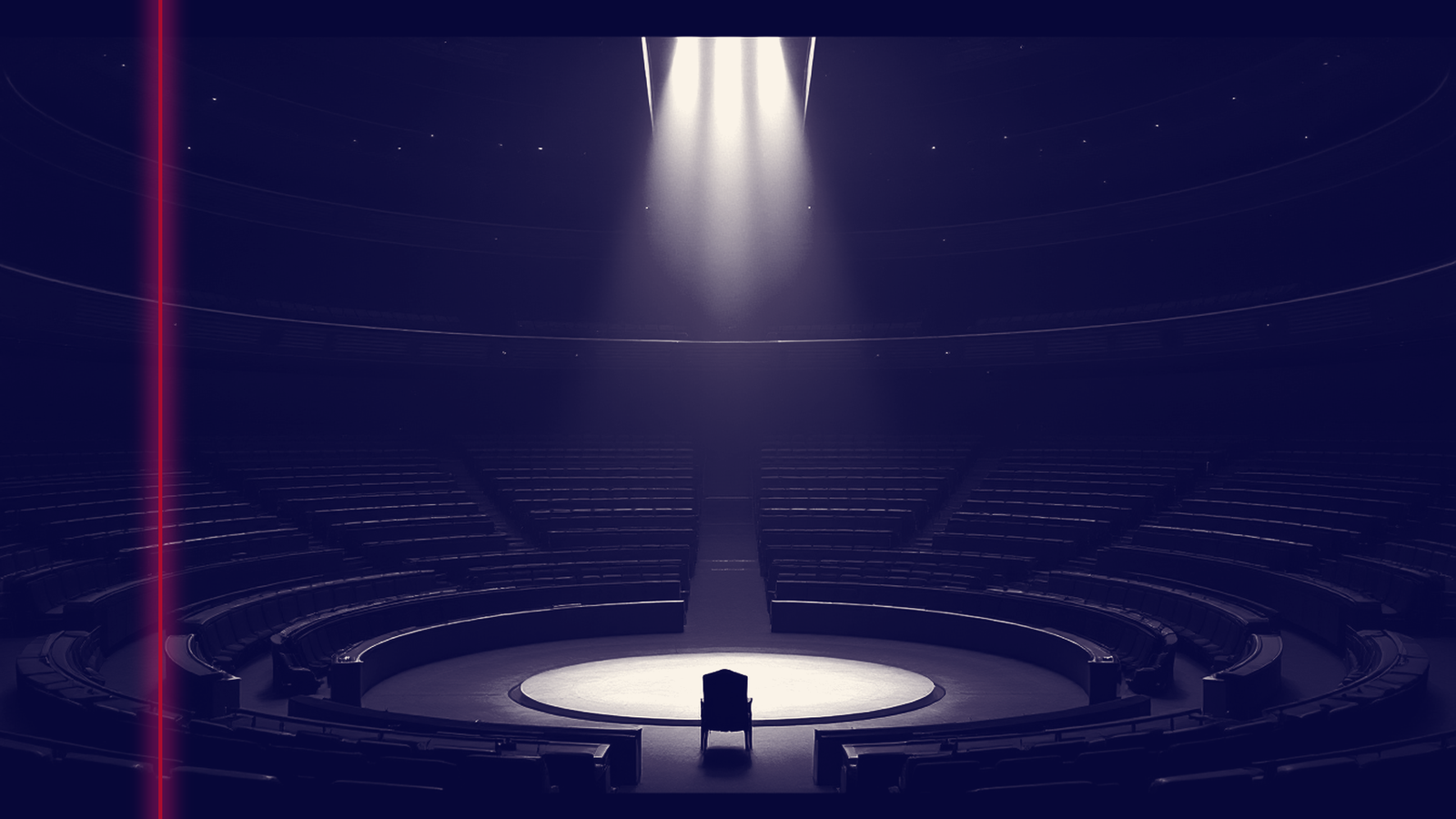 Hémicycle vide plongé dans la pénombre, rangées de sièges déserts en arc de cercle, un seul fauteuil au centre éclairé par un faisceau de lumière venu d'en haut, métaphore de celles qui ne siègent pas