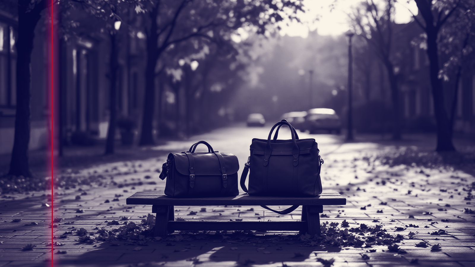 Deux sacs posés côte à côte sur un banc dans une rue arborée en automne, un cartable d'écolier en cuir et un sac de travail d'adulte, feuilles mortes au sol, métaphore de deux générations de lycéens