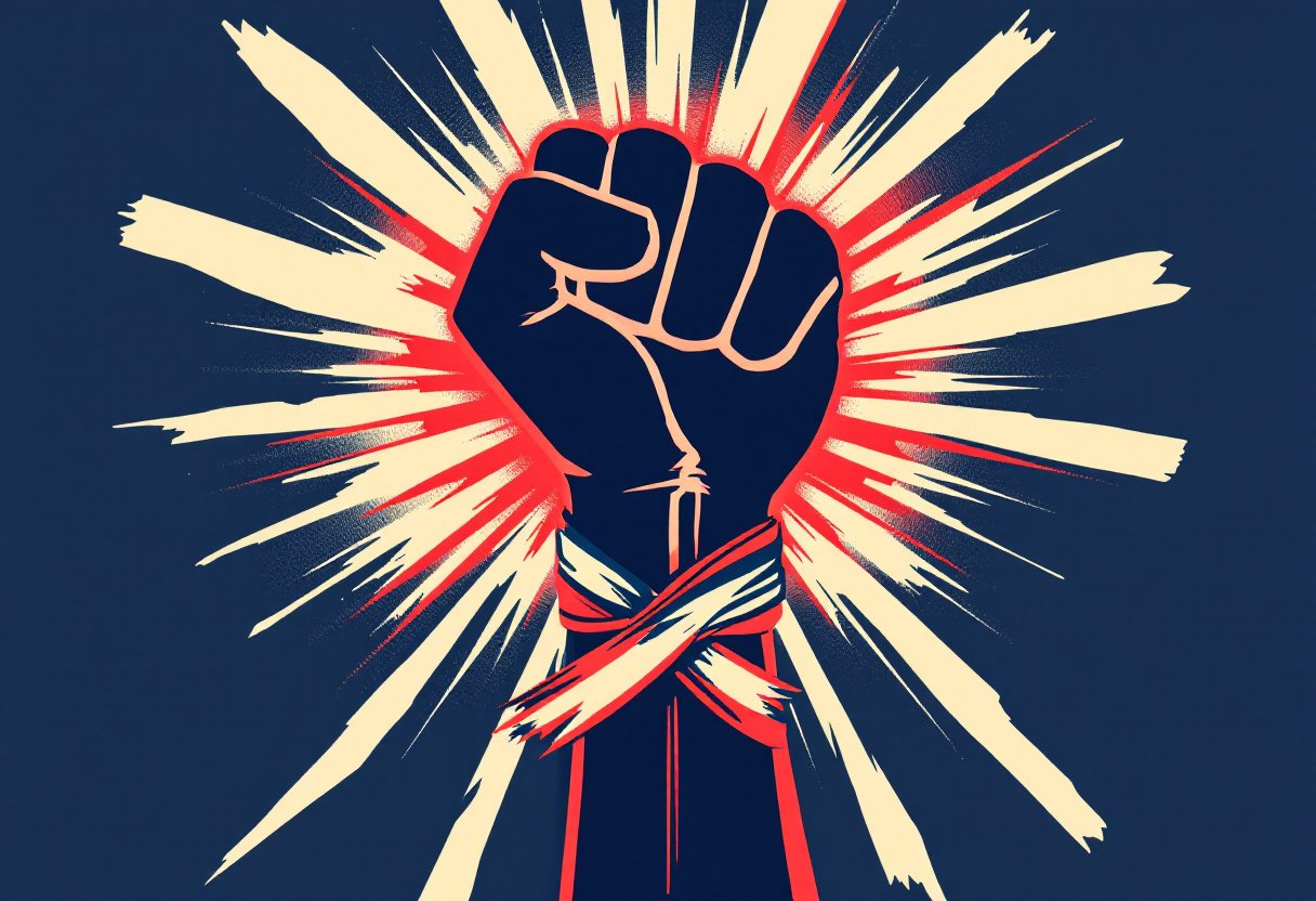 Poing leve entoure de trois rubans tresses navy creme rouge, race classe genre, intersectionnalite