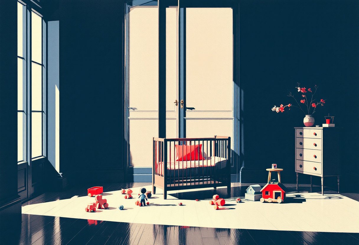 Appartement bourgeois parisien, berceau vide et jouets, ombre inquietante, domination de classe