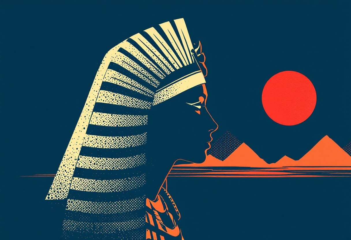 Profil stylise d'une reine egyptienne avec coiffe, serpent enroule et disque solaire rouge, pouvoir et mythe
