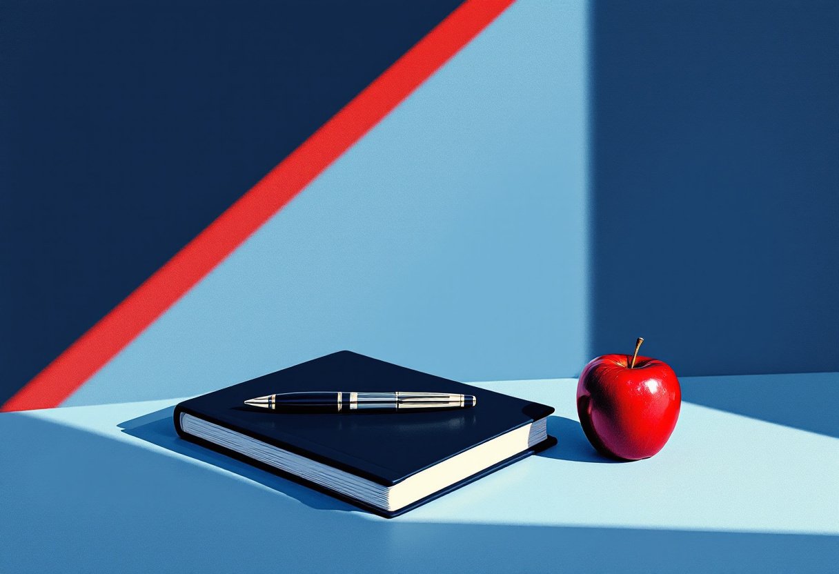 Nature morte : carnet noir, plume et pomme rouge, un rai de lumiere rouge, la ligne mince entre le bien et le mal