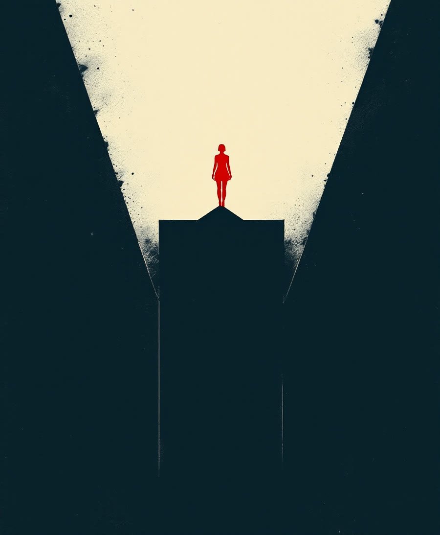 Une silhouette rouge isolée au sommet entre deux parois, évocation du double bind