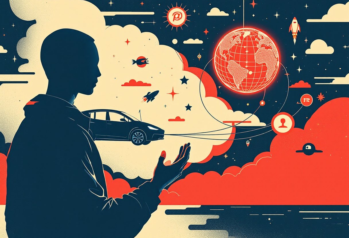Silhouette tenant les fils d'une fusee, d'une voiture electrique et d'un globe-reseau rouge, pouvoir techno concentre