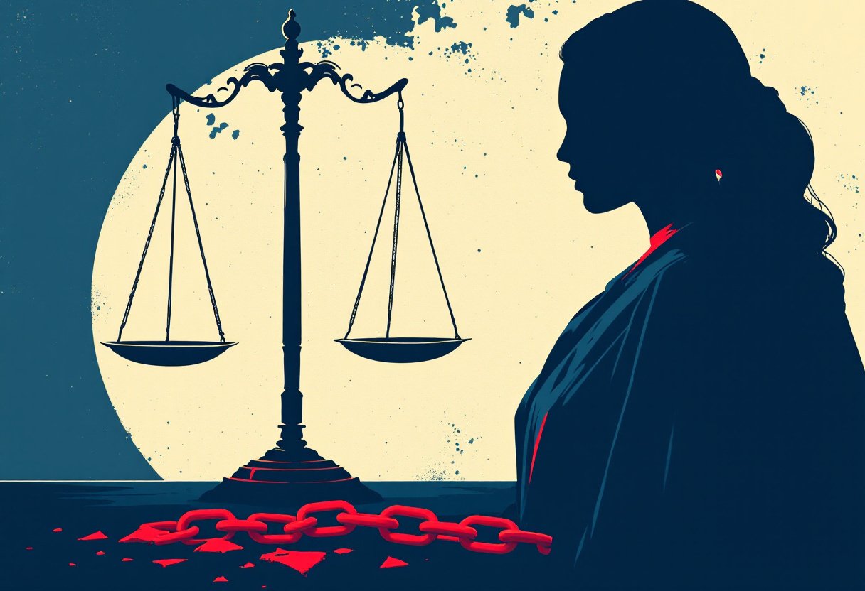 Silhouette de femme en robe d'avocate devant la balance de la justice, chaine rouge brisee, droits des femmes