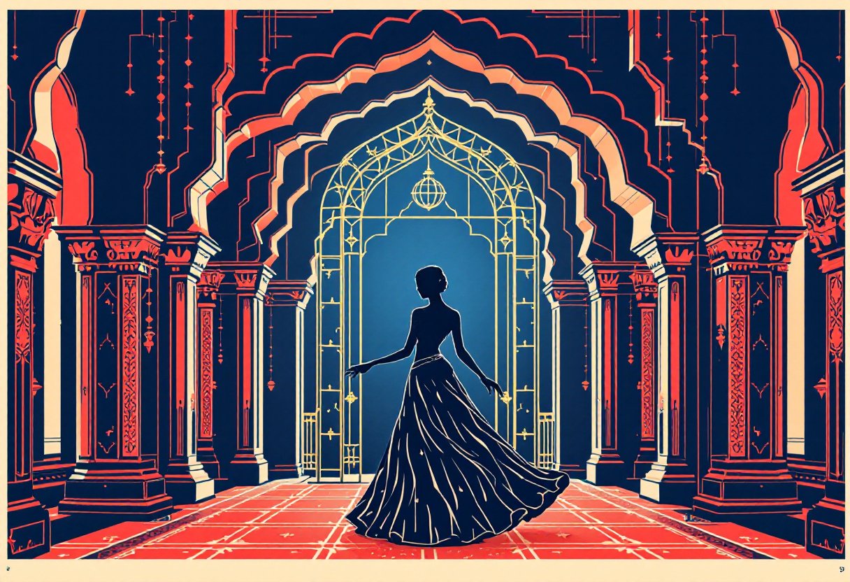 Palais moghol orne, silhouette de courtisane dansant en lehenga, grille doree, splendeur et enfermement