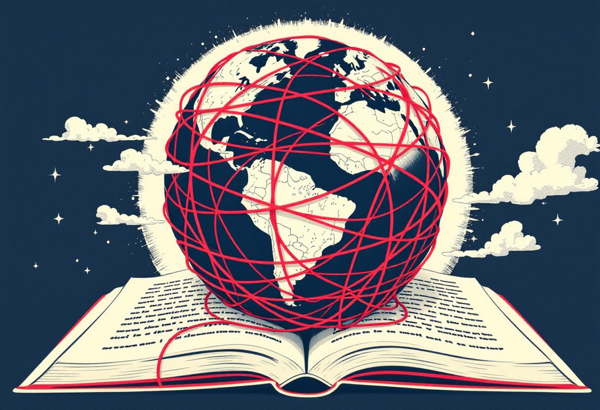 Globe bleu nuit enserre de fils rouges traversant les continents, un livre ouvert a sa base, histoire globale d'un empire