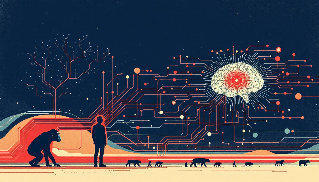 Chimpanze, humain et cerveau-IA relies par un reseau, anthropologie des intelligences