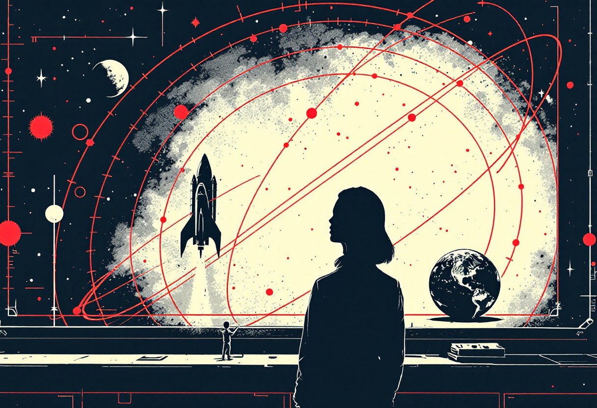 Silhouette de femme devant un tableau de trajectoires orbitales rouges, une fusee et la Terre, ere spatiale NASA
