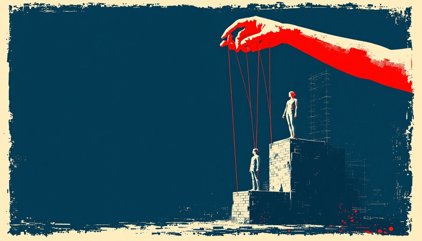 Main rouge de marionnettiste reliee par des fils a deux silhouettes sur des piedestaux construits