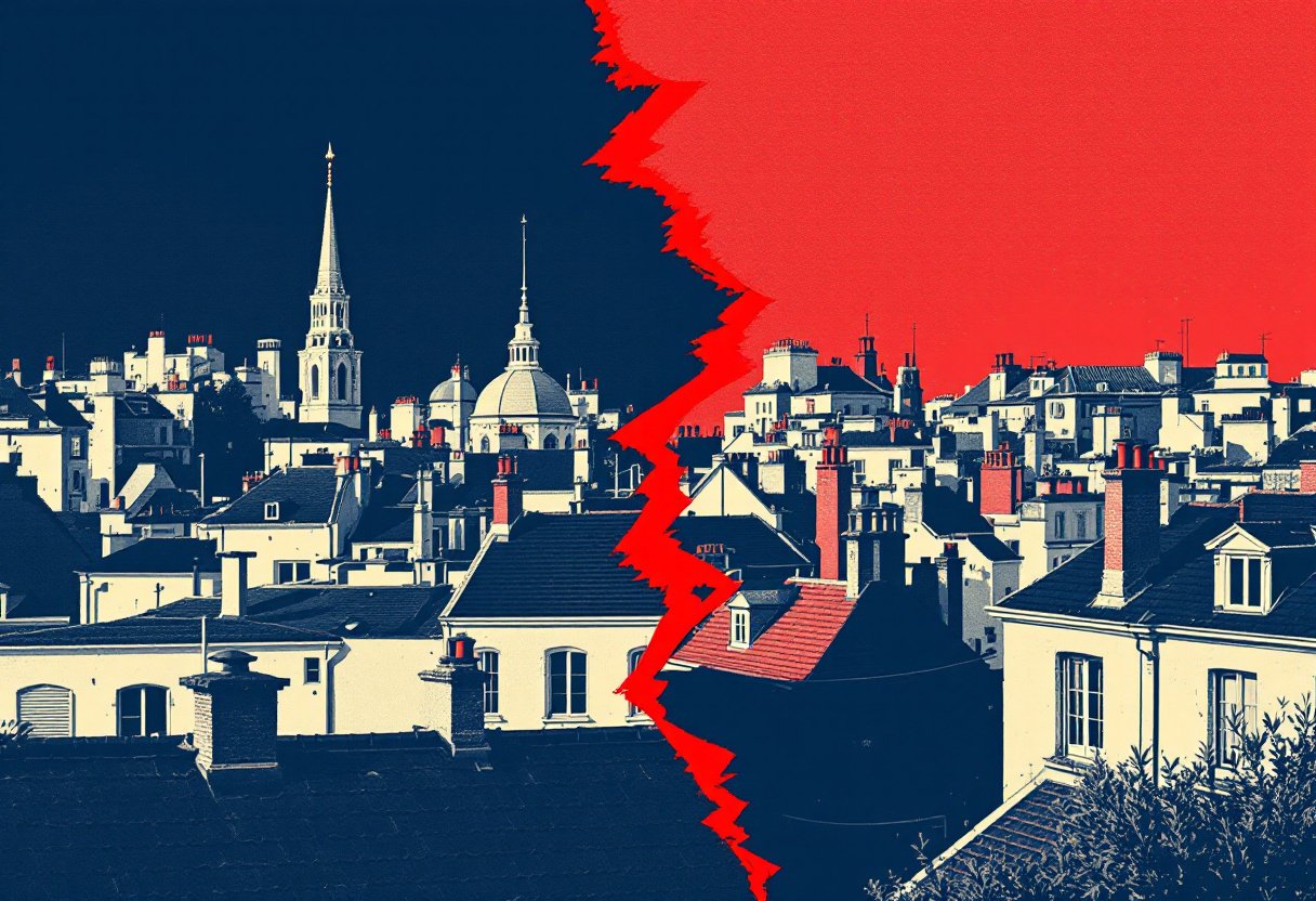 Faille rouge fendant en deux des toits parisiens bleu nuit, la fracture coloniale dans la societe