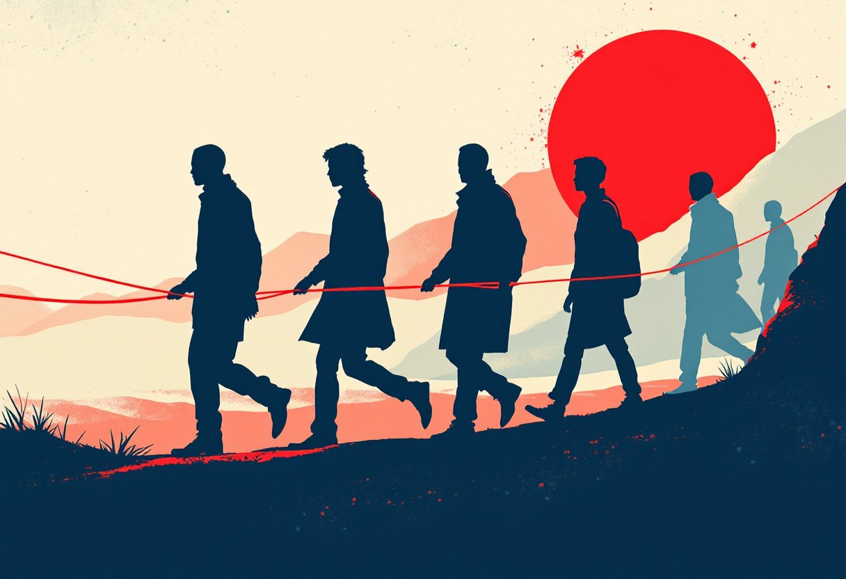 Silhouettes en marche a travers les epoques reliees par un fil rouge, trois siecles de presences en France
