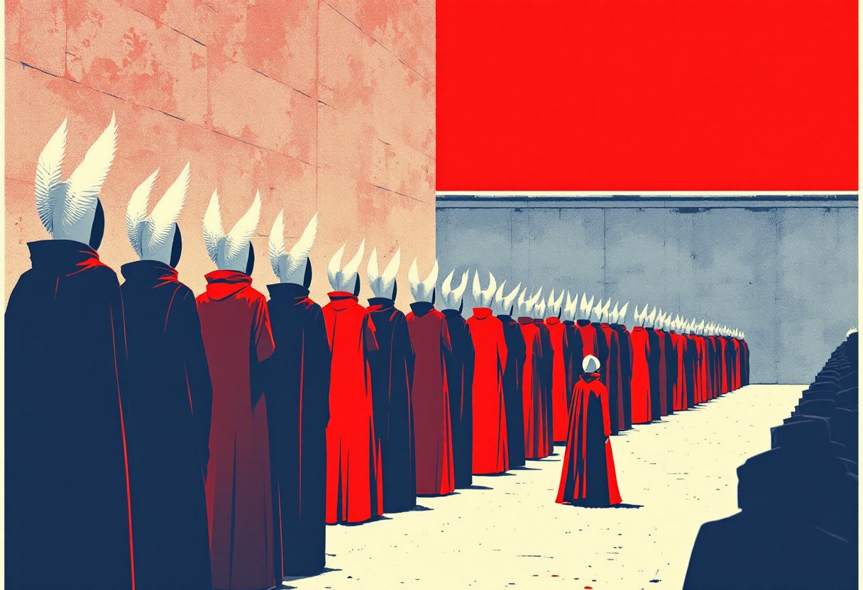 Rangees de silhouettes en cape rouge et coiffe blanche devant un mur, dystopie de la sujetion des femmes