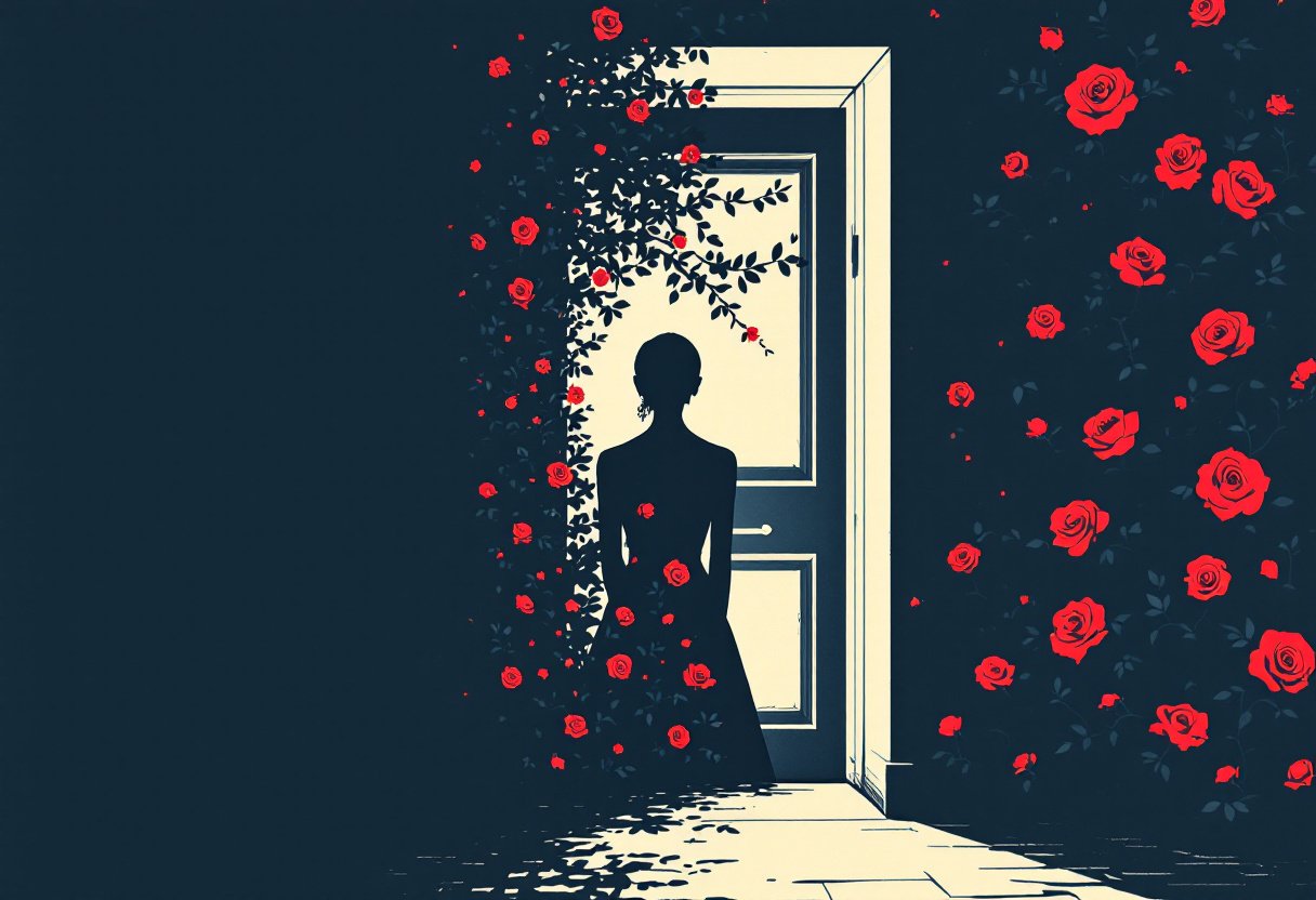 Silhouette de femme de dos pres d'une porte, jardin de roses rouges et ronces, double vie