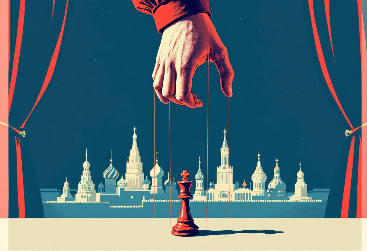 Main de marionnettiste tenant des fils rouges au-dessus d'un Kremlin-theatre, roi d'echecs, pouvoir mis en scene