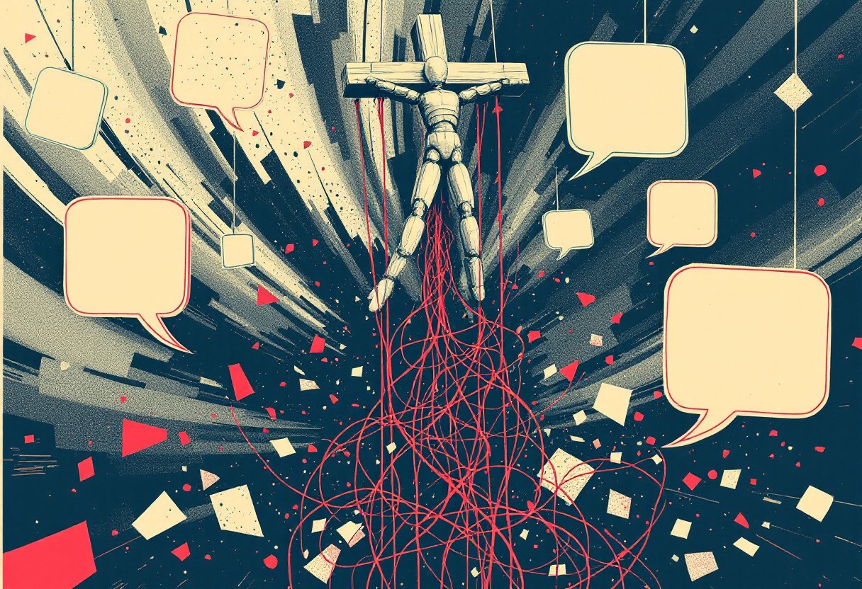 Croix de marionnette aux fils rouges au-dessus d'un vortex de bulles vides et d'eclats, ingenierie du chaos