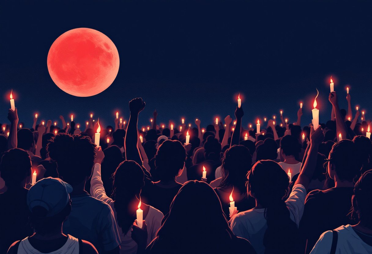 Veillee aux bougies, foule de silhouettes poings leves et bougies rouges sous une lune rouge, deuil et colere