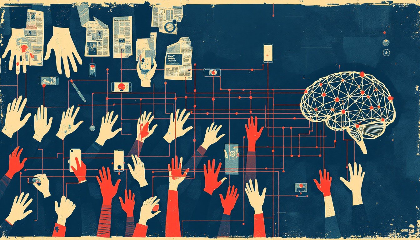 Multitude de mains filmees par des smartphones, donnees aspirees vers un cerveau-machine, travail invisible de l'IA