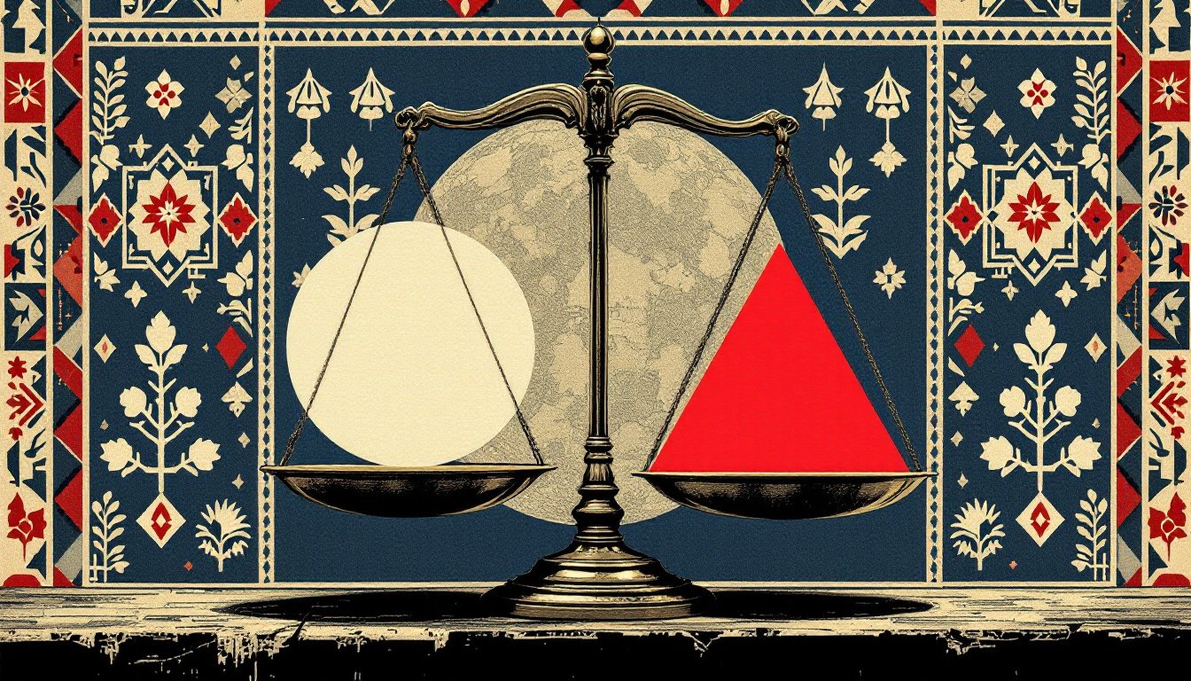 Balance inegale portant deux formes geometriques au milieu de motifs de nombreuses cultures