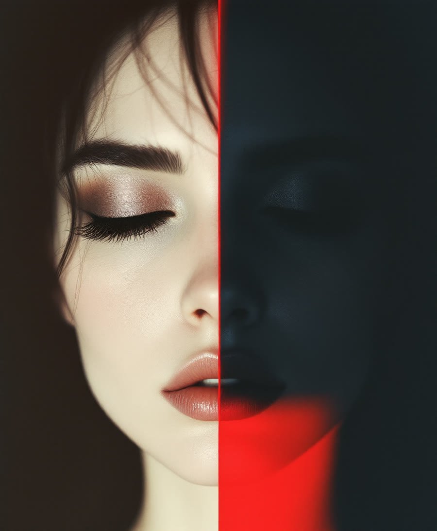 Composition partagée entre deux teintes, séparée d'un trait rouge, évocation de la dualité identitaire
