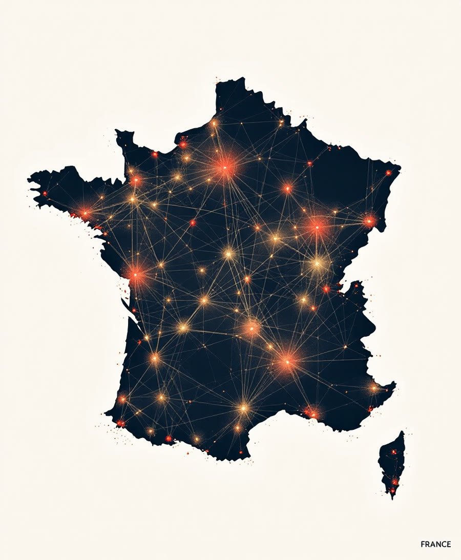 Carte de France traversée de fils lumineux, évocation des mobilités et du brassage