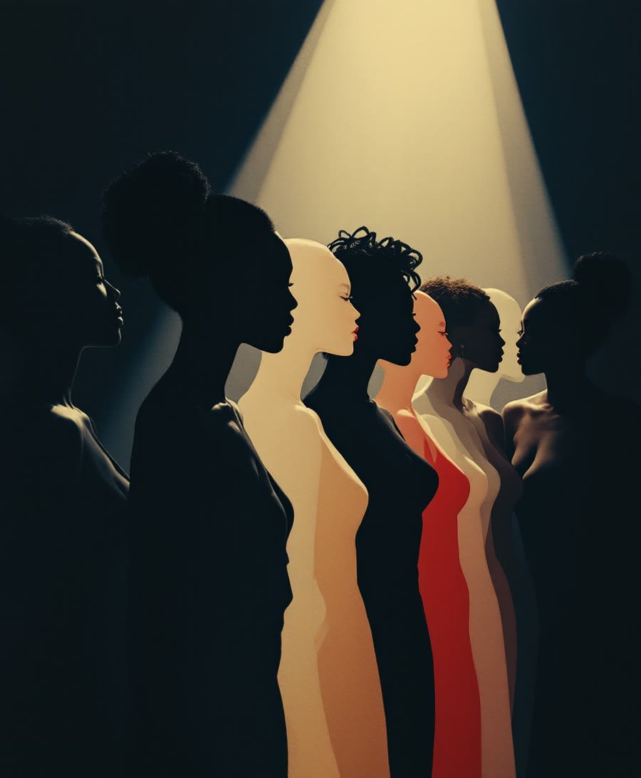 Sept silhouettes féminines en ligne sous une lumière chaude, évocation de Harlem
