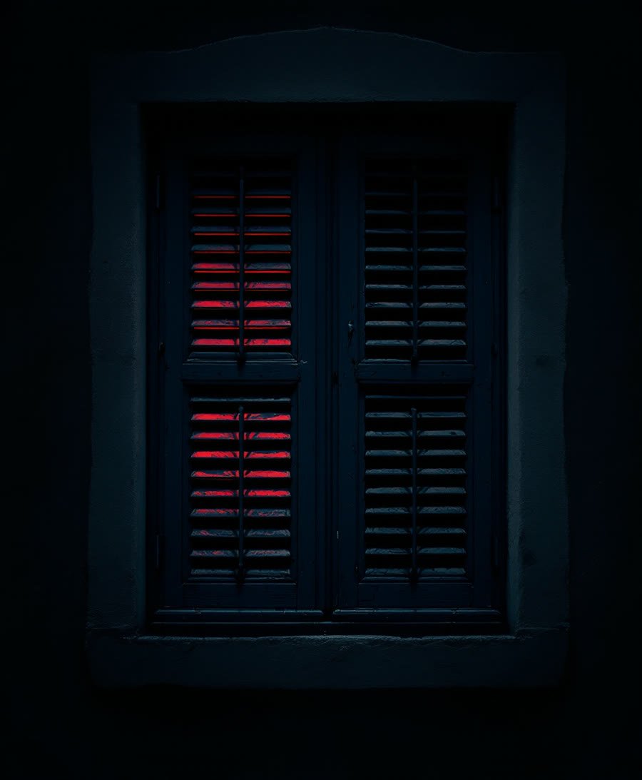 Volets clos d'une pension italienne au crépuscule, un filet de lumière rouge