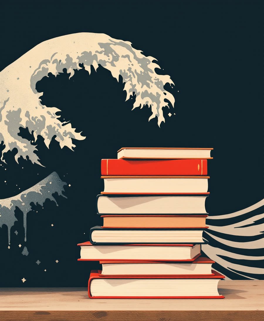 Une pile de livres dont un rouge, sur un motif de vague montante