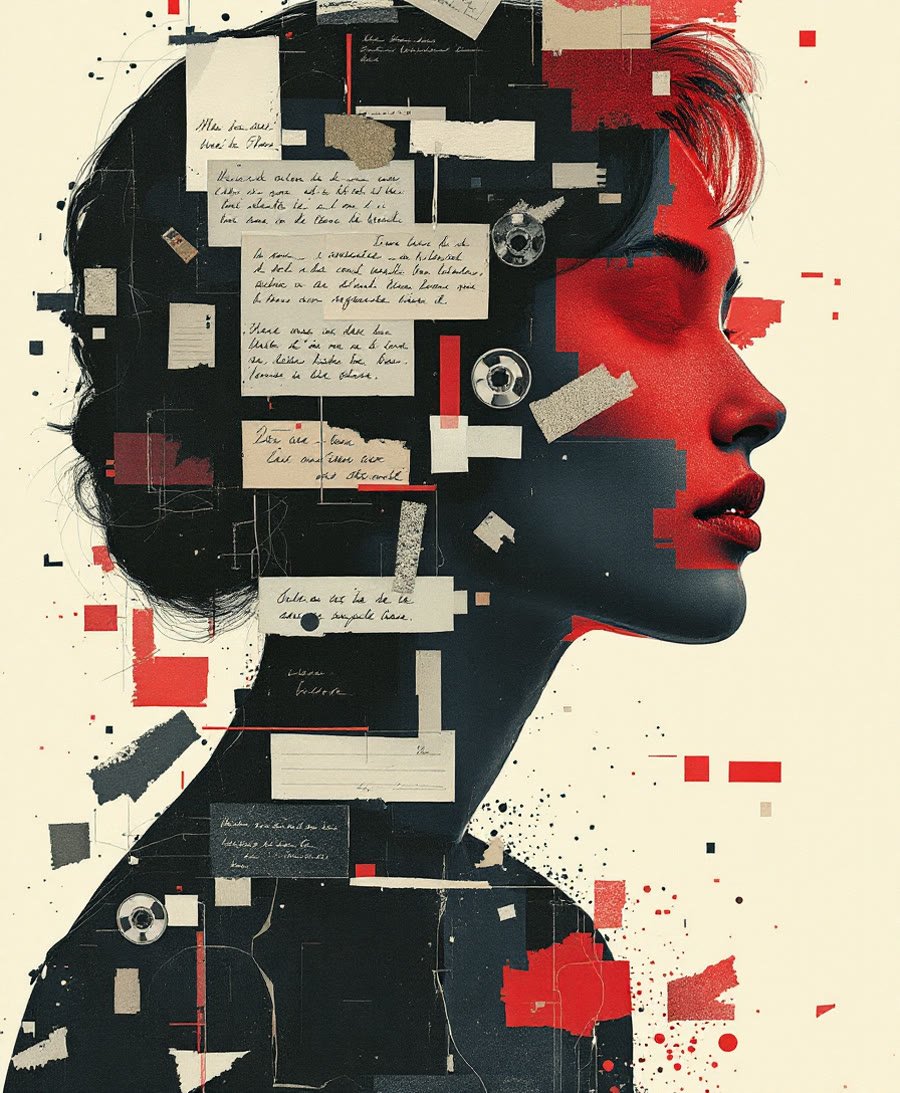 Collage de fragments et de notes recomposant une silhouette, évocation du moi pluriel