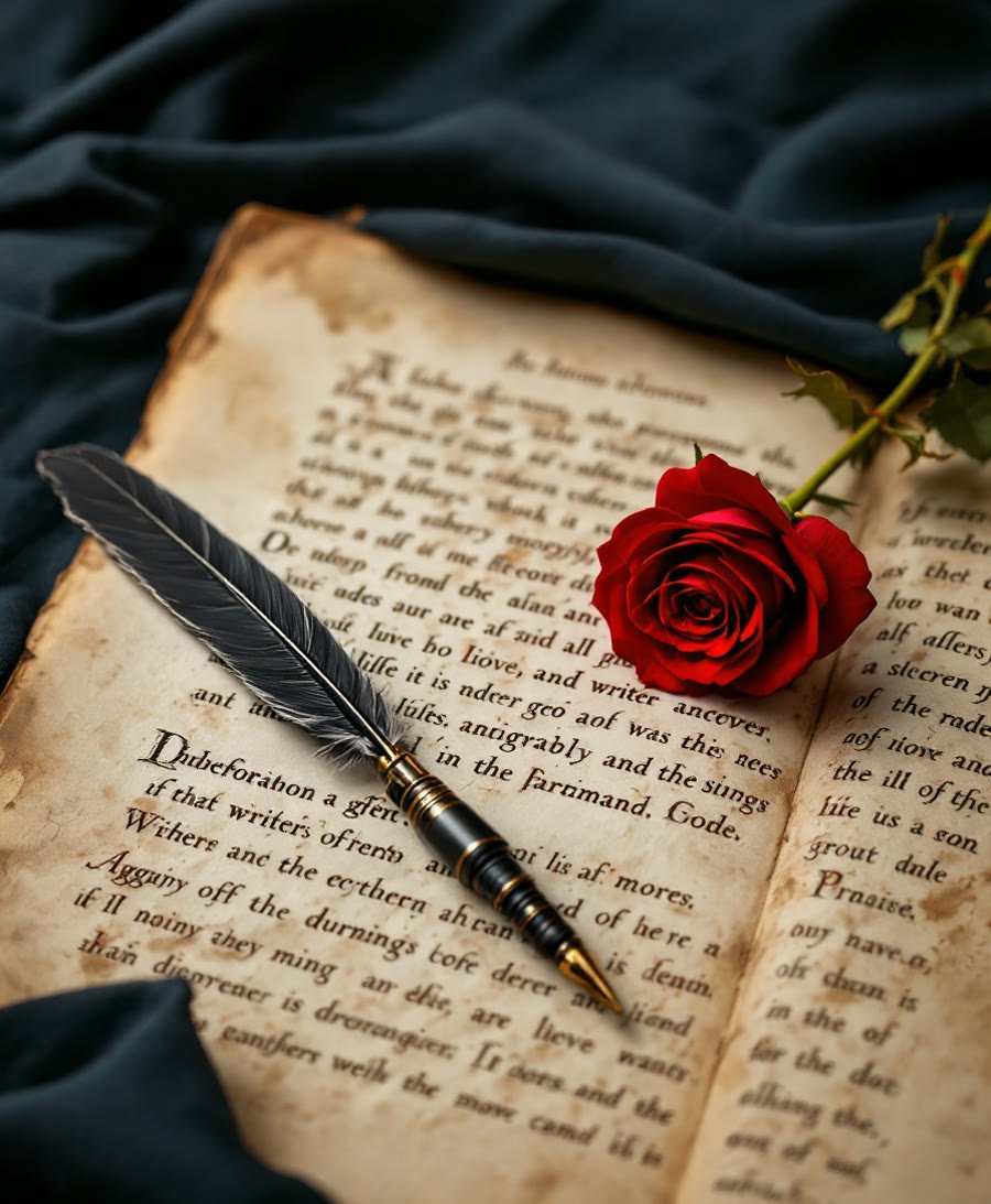Une plume ancienne et une rose rouge sur un manuscrit médiéval, évocation féministe