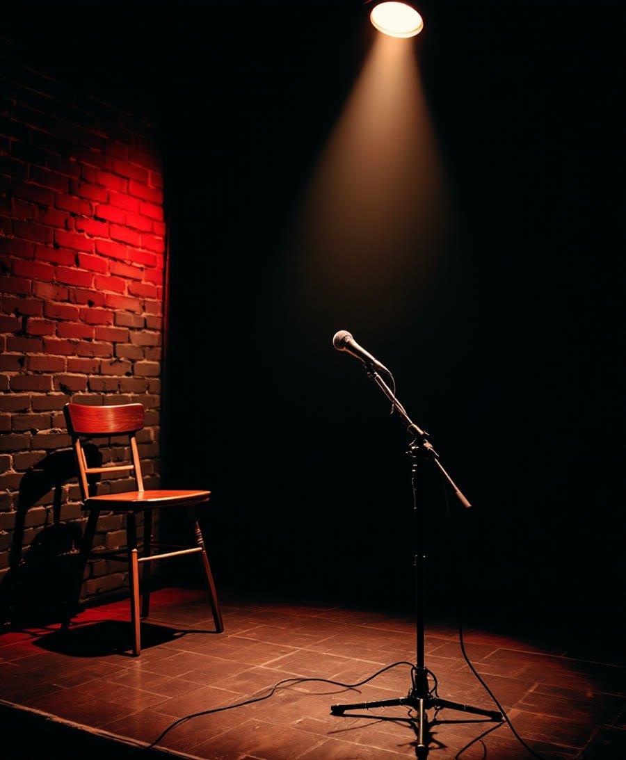 Un micro sous un projecteur sur une scène, évocation du stand-up