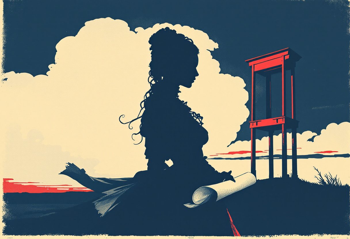 Silhouette de femme du 18e siecle avec plume et parchemin, silhouette rouge d'une guillotine, le prix de la Declaration