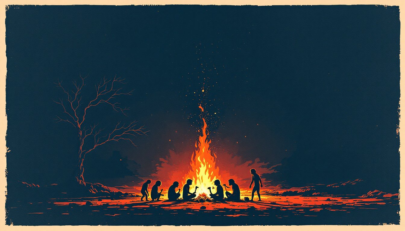 Feu de camp prehistorique entoure de silhouettes d'hominines, premiers hommes