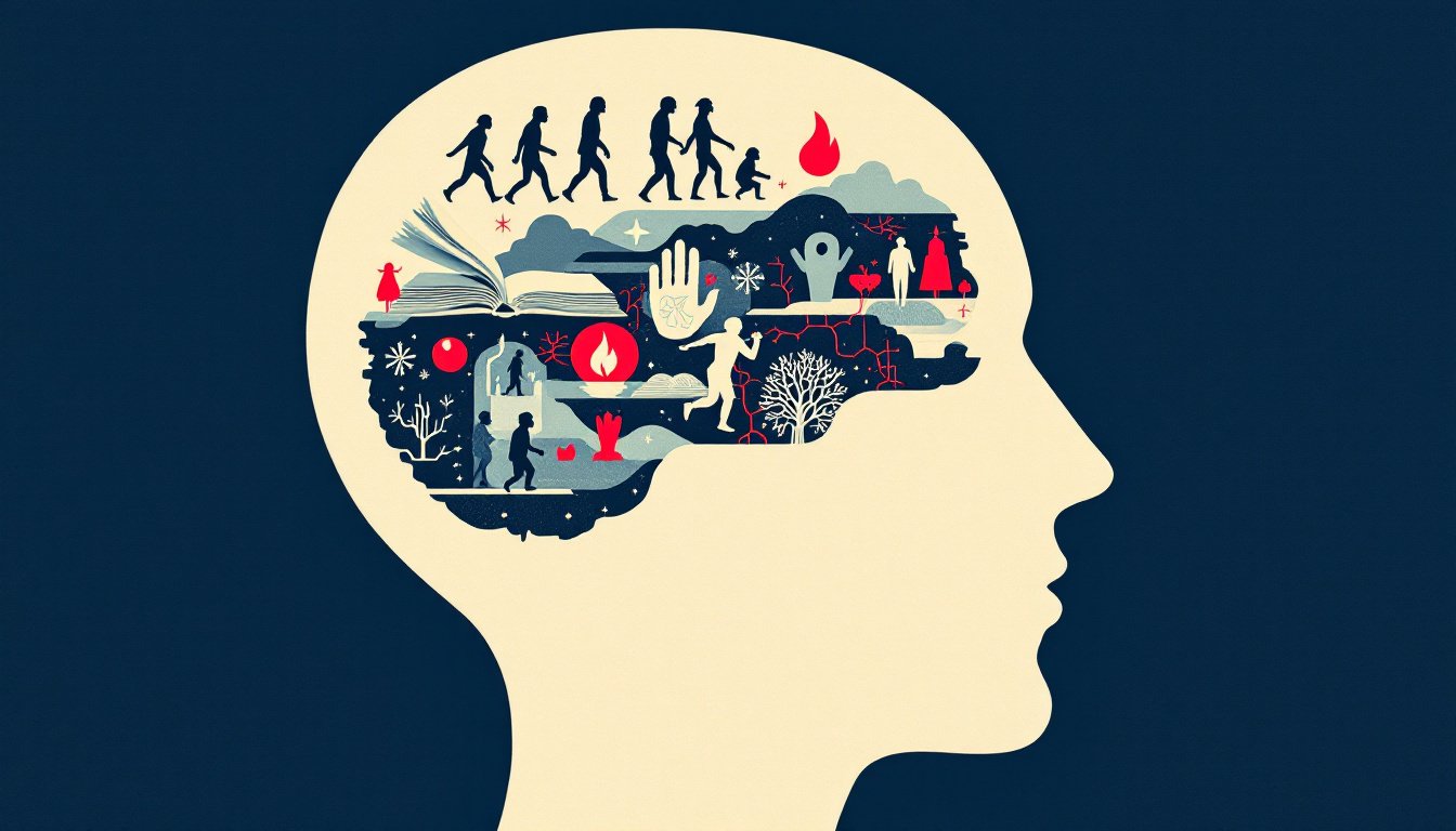 Profil de tete humaine rempli de motifs d'evolution, livre et mains prehistoriques, le propre de l'homme