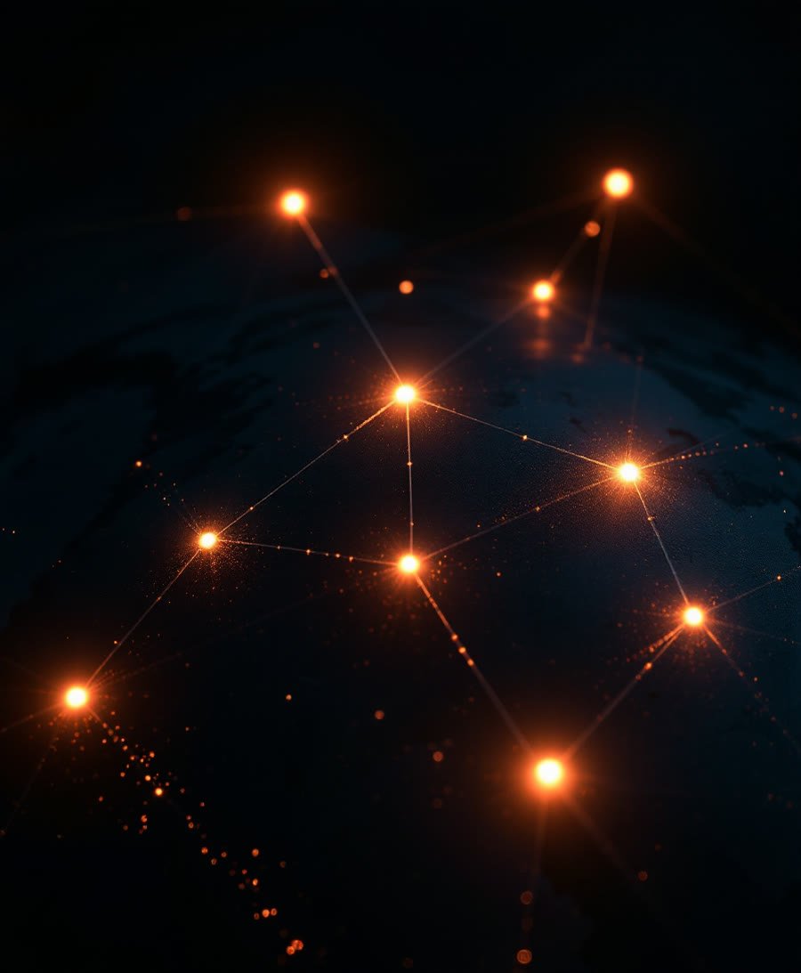 Huit points lumineux reliés sur un globe sombre, évocation de Sense8