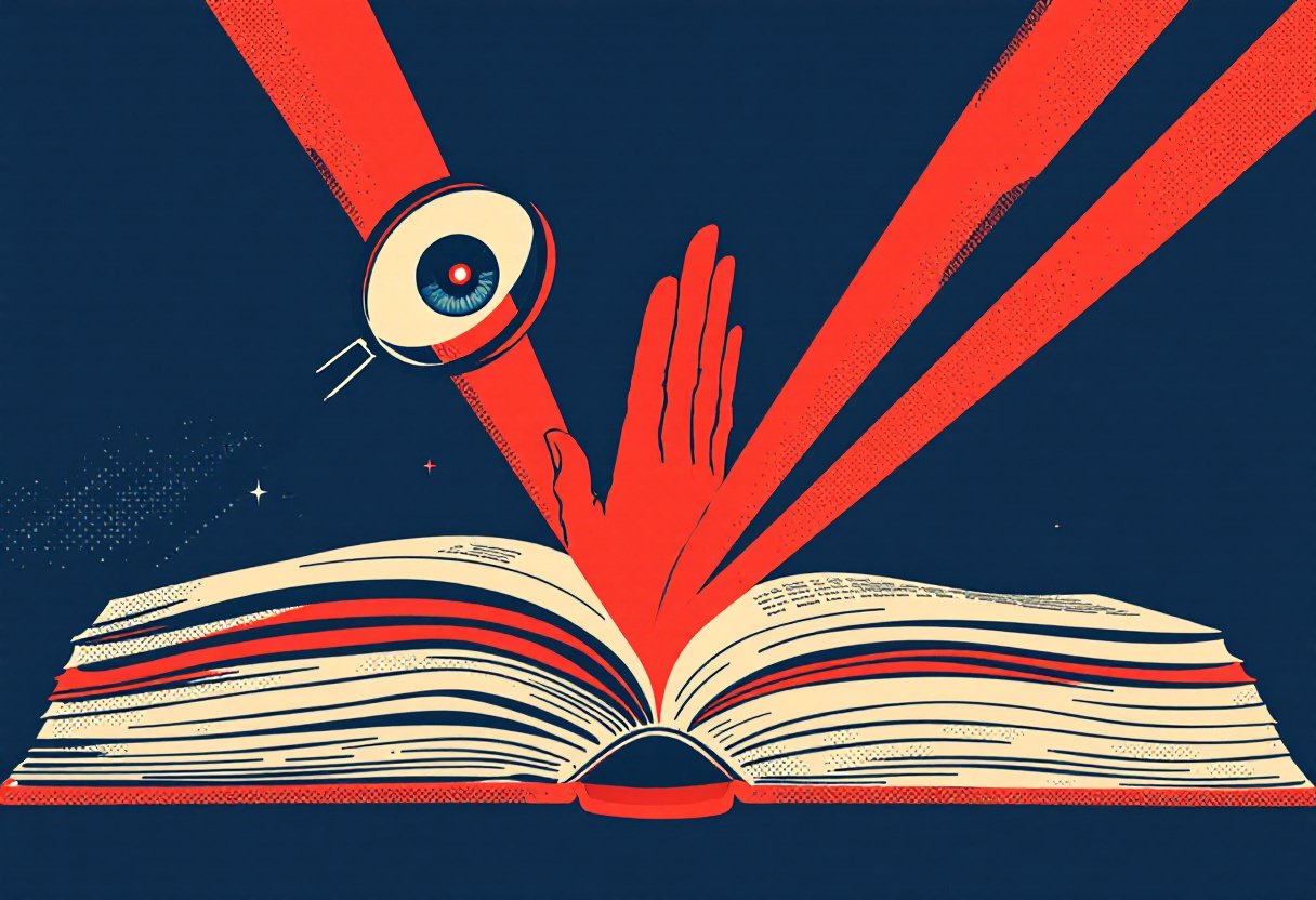 Livre ouvert emettant une lumiere rouge, un oeil stylise et une loupe au-dessus, une main qui se pose, l'ethique de l'image