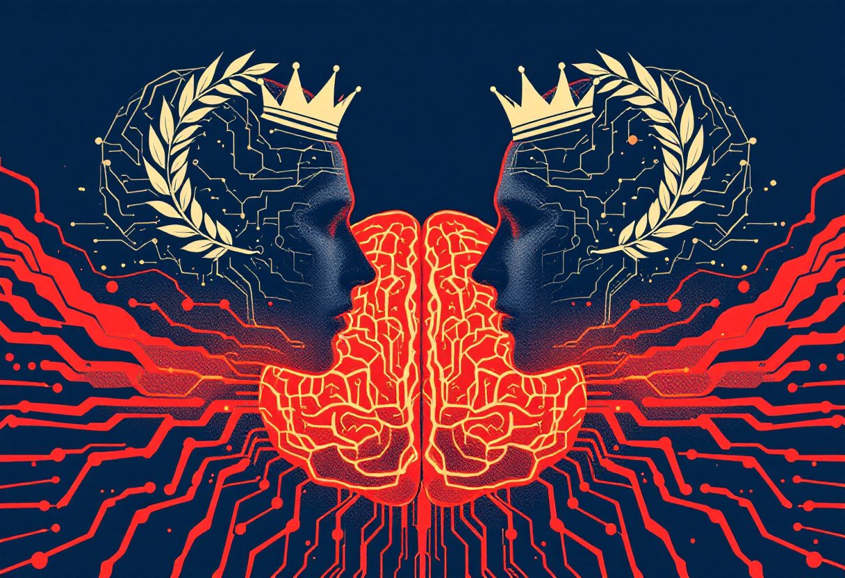 Deux profils couronnes se faisant face au-dessus d'un cerveau-IA rouge en circuits, course a la suprématie