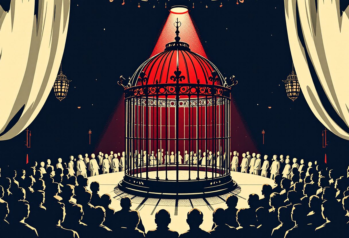 Cage ornee vide sous un projecteur rouge, rangees de silhouettes de spectateurs, l'invention du regard sur l'Autre